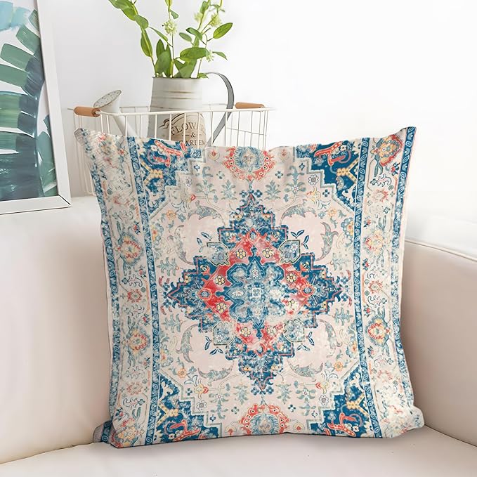 Boho Throw Pillow Covers 16x16 inch Set of 2,Bohemian Vintage Carpet Pattern Antique Ethnic Decor Double Sided Pattern Cushion Cover Soft Pillow Case Living Sofa Room Bed Square Pillow Cover