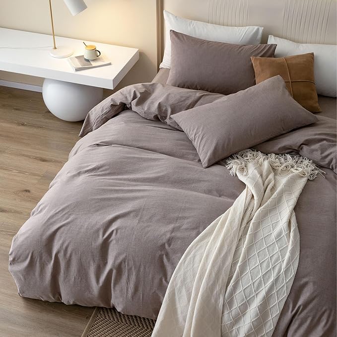 JIYUAN 100% Washed Cotton Duvet Cover Set 3 Pieces Full, 1 Duvet Cover 80x90 Inches(Comforter Not Included) and 2 Pillowcases,Linen Feel Bedding Set Comfy and Breathable, Heathered Mauve Brown