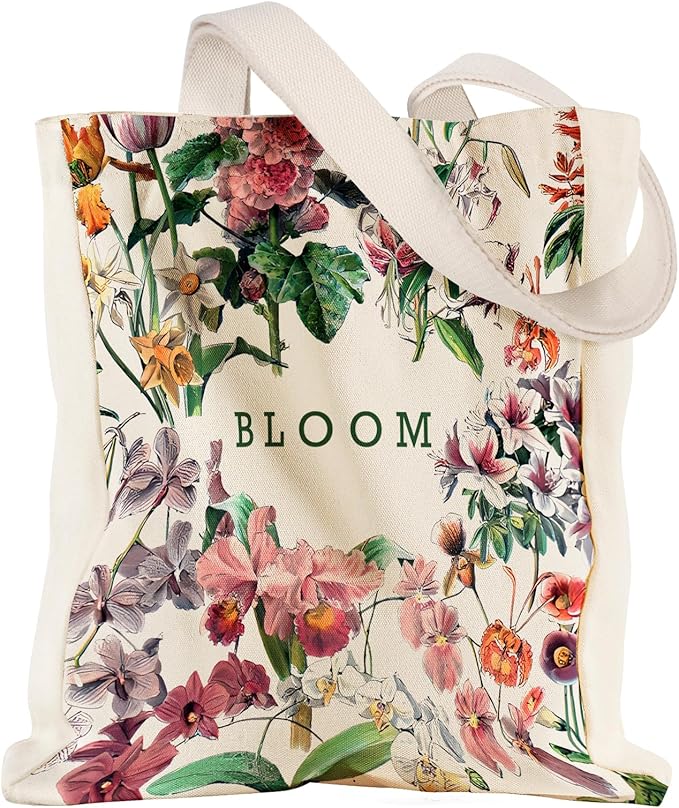 Aesthetic Heavy Canvas Tote Bag with Pocket for Women, Cloth Gusseted Totes Bag with Pattern for Shopping