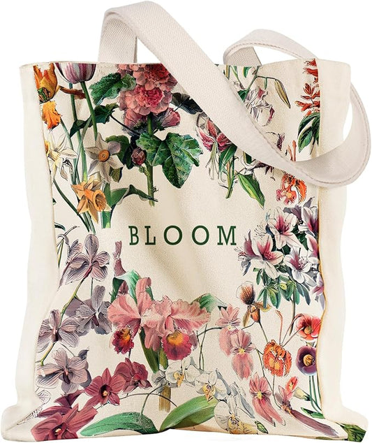 Aesthetic Heavy Canvas Tote Bag with Pocket for Women, Cloth Gusseted Totes Bag with Pattern for Shopping