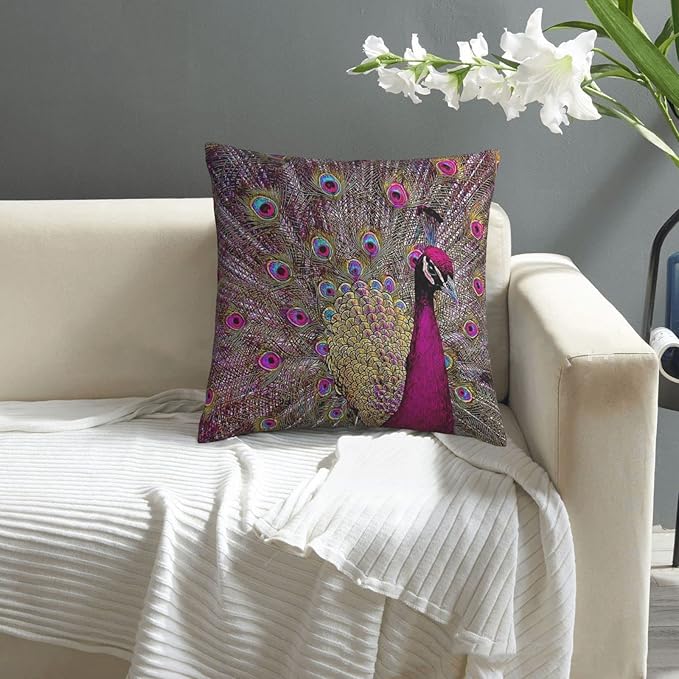 Magenta Peacock Square Pillow Case Throw Pillow Covers Decorative Pillowcase Cushion Cover with Car Couch Sofa Chair Bed Living Room 18x18 Inch