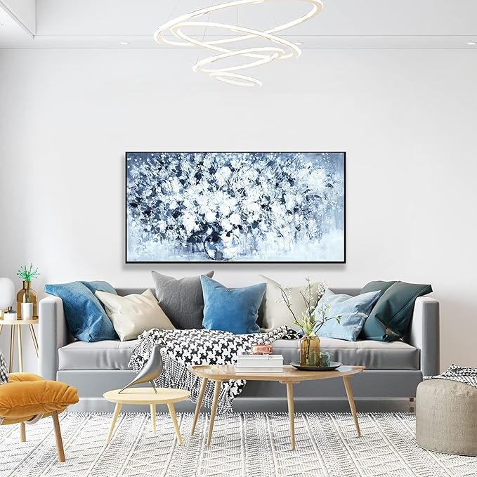 Wall Art Plant Wall Modern Paintings Dark Blue White Floral Canvas Wall Art For Living Room Hand Painted Framed Artwork Poster Botanical Picture Wall Decor For Office Hotel Home Decor 24x48 Inch