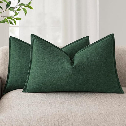 Foindtower Pack of 2, Decorative Linen Soild Throw Pillow Covers Soft Accent Lumbar Cushion Case Boho Farmhouse Pillowcase for Chair Couch Sofa Bedroom Living Room Home Decor 12 x 20 Inch Pine Green