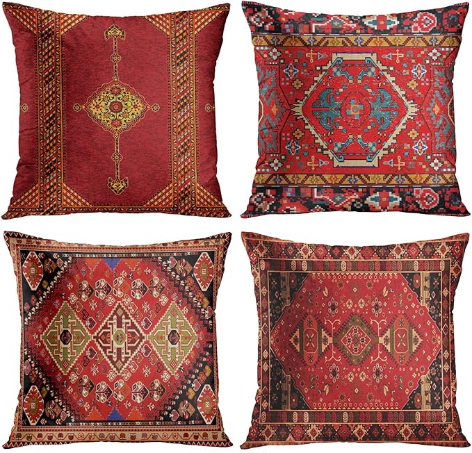 Britimes Throw Pillow Covers Geometric Kilim Moroccan Home Decor Set of 4 Oriental Ikat Pillow Cases Living Room Decorative 16 x 16 Inches Cushion Couch Sofa Pillowcases Colorful Red Tribal