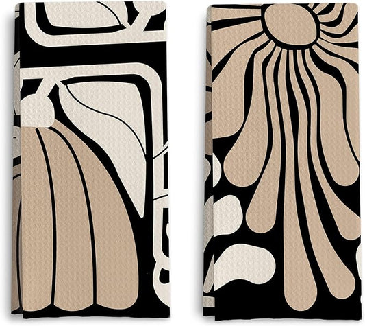 Abstract Boho Neutral Taupe and Beige Floral Kitchen Towels Set of 2, Retro 70s Groovy Floral Hand Towels for Bathroom, Modern Minimalist Botanical Dish Tea Towels for Kitchen Decor, 16x24 Inch