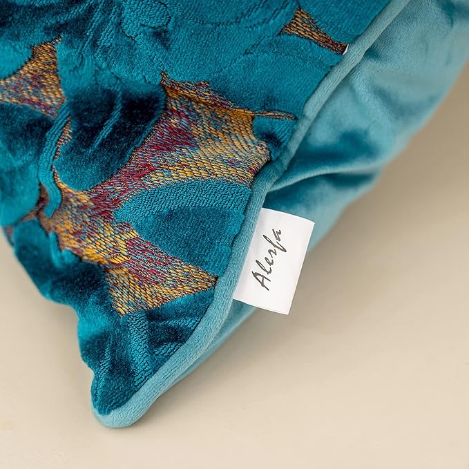 Alerfa 12 x 20 Inch Light Blue Rectangle Maple Leaf Pillow Embroidery Cut Velvet Cushion Case Luxury Modern Lumbar Throw Pillow Cover Decorative Pillow for Couch Sofa Living Room Bedroom Car