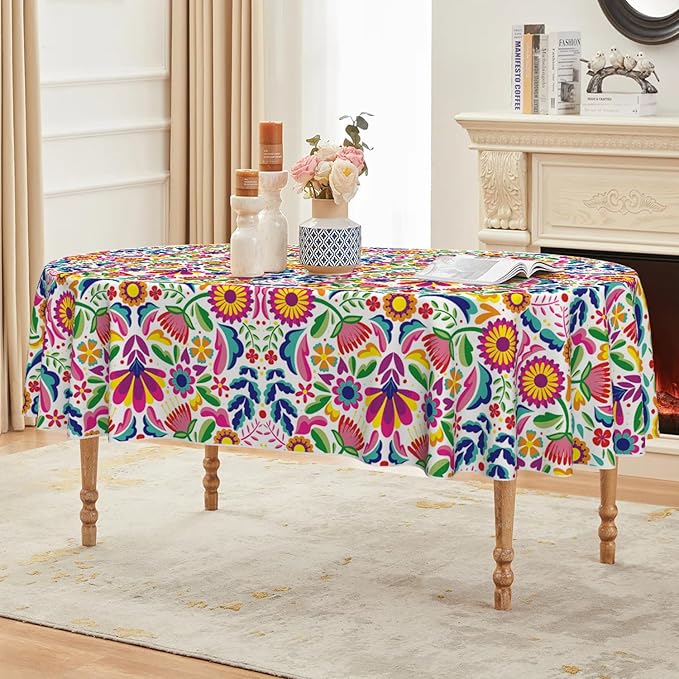 Horaldaily Mexico Tablecloth 60x84 Inch Oval, Halloween Cinco De Mayo Fiesta White Washable Seasonal Table Cover for Party Picnic Dinner Decor