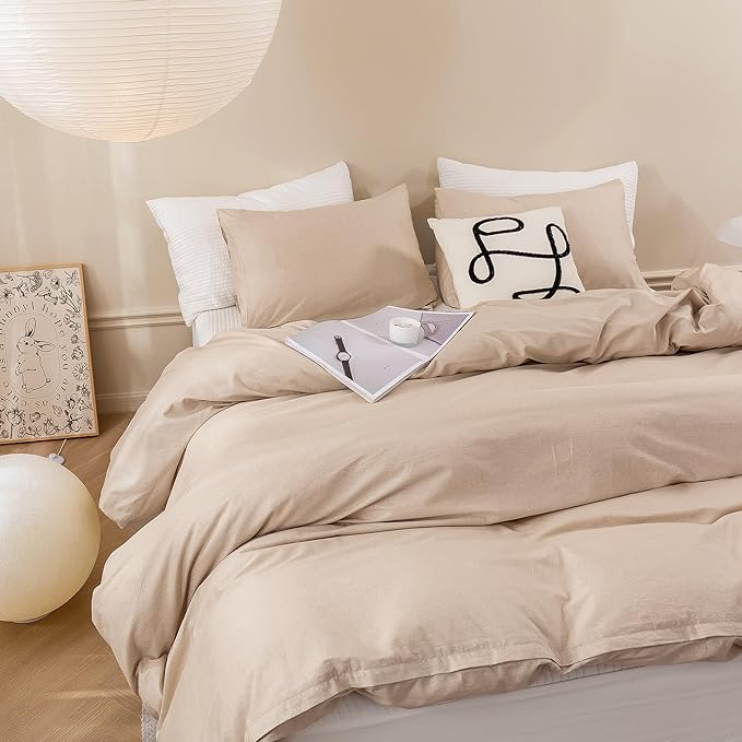 ECOCOTT Khaki Duvet Cover King Size - 100% Washed Cotton Durable Soft Comfy Duvet Cover Set, Lightweight and Breathable with Zipper Closure & Corner Ties (Khaki, 104''x90'')