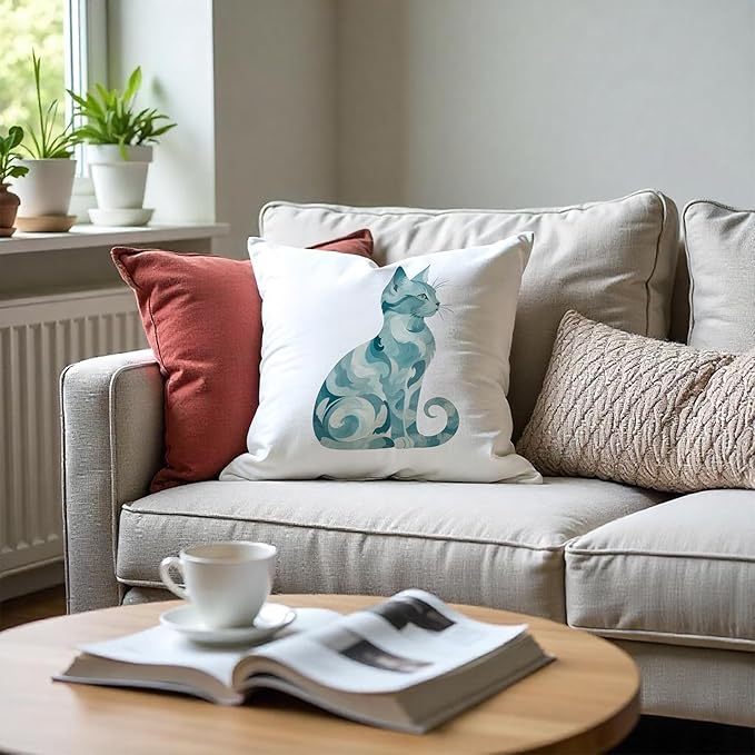 Abstract Blue Sea Cat Pillow Covers 18x18, Gifts for Cat Lovers Mom Lady Owners, Elegant Kitten Kitty Decorative Pillow Covers for Home Bedroom Living Room Decor, Pet Lover Gifts
