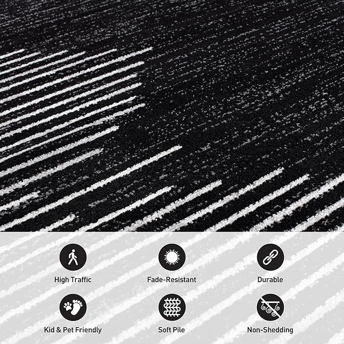 Rugshop Bohemian Stripe Stain Resistant High Traffic Living Room Kitchen Bedroom Dining Home Office Square Area Rug 6'6" x 6'6" Black