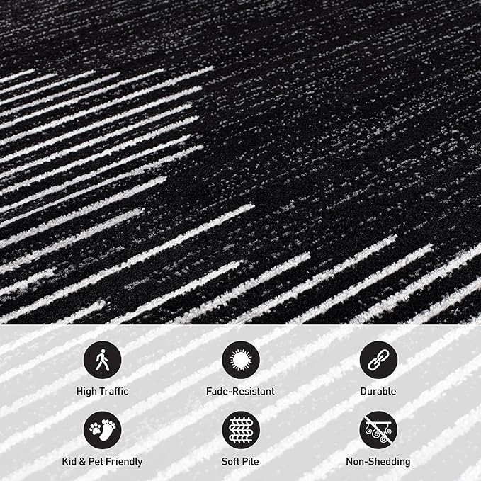 Rugshop Bohemian Stripe Stain Resistant High Traffic Living Room Kitchen Bedroom Dining Home Office Area Rug 3' x 5' Black