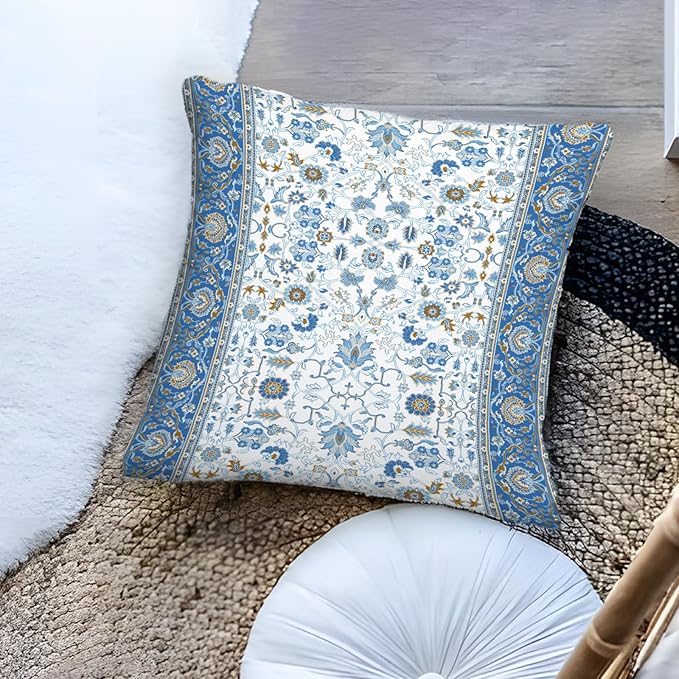 Boho Floral Throw Pillow Covers 18x18 inch Set of 2,Blue Boho Rug Geometric Floral Pattern Decor Double Sided Pattern Cushion Cover Soft Pillow Case Living Sofa Room Bed Square Pillow Cover