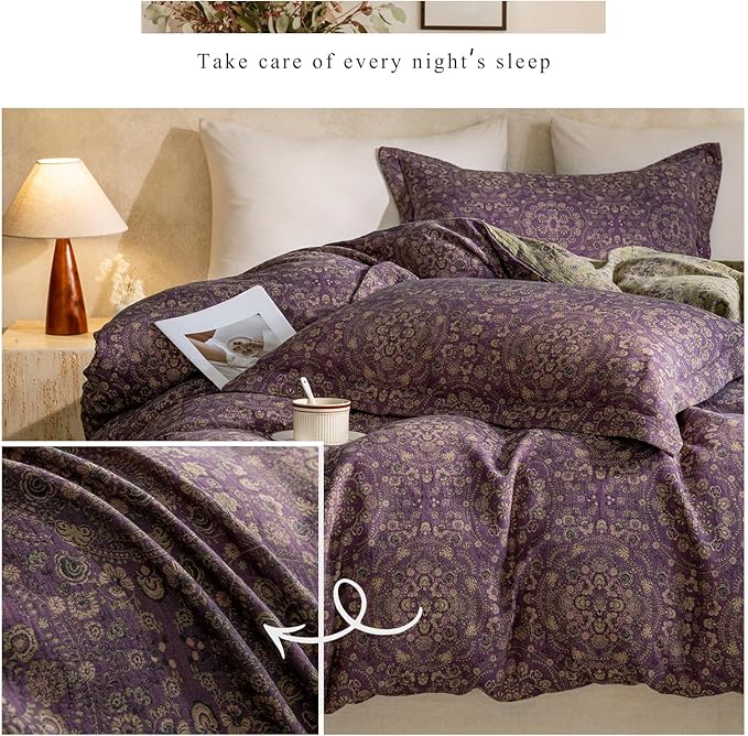 mixinni Purple Green Floral Duvet Cover Queen Size, Elegant Double-Layer Yarn Premium Cotton Vintage Duvet Cover Set, Exquisite Jacquard Design Bedding Set with 2 Pillowcases Perfect for Him and Her