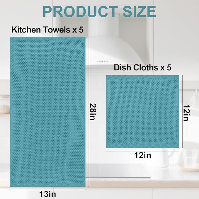Homaxy 100% Cotton Kitchen Towels and Dishcloths Set, 12 x 12 Inches and 13 x 28 Inches, Set of 10 Bulk Kitchen Towels Set, Ultra Soft Absorbent Dish Cloths for Washing Dishes, Lake Blue