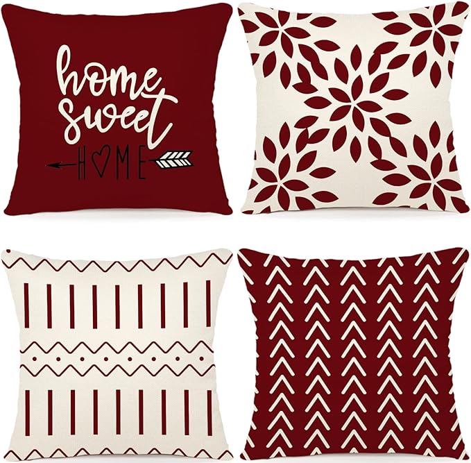 YCOLL Christmas Pillow Covers 22x22 Set of 4, Modern Sofa Throw Pillow Cover for Christmas Decor, Decorative Outdoor Linen Fabric Pillow Case for Couch Bed Car, Wine Red