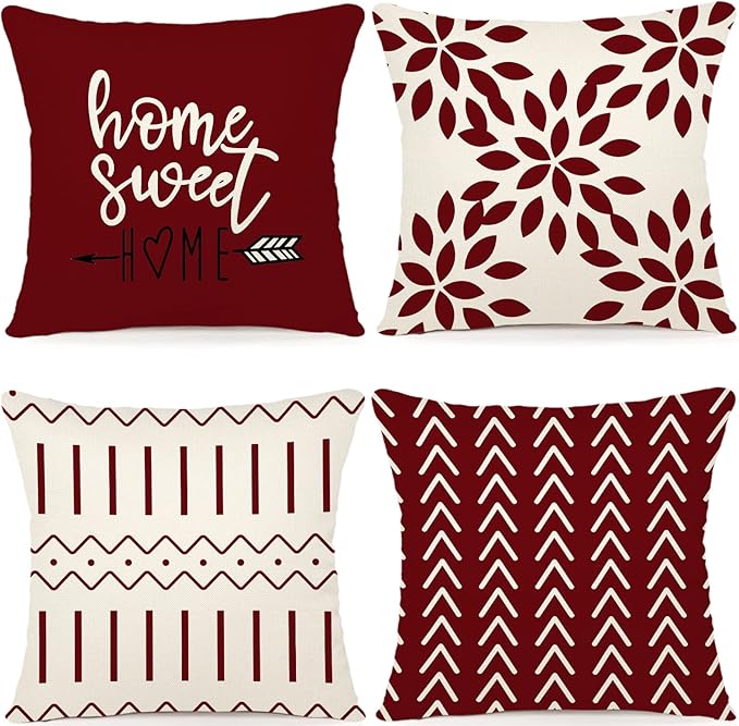 YCOLL Christmas Pillow Covers 20x20 Set of 4, Modern Sofa Throw Pillow Cover for Christmas Decor, Decorative Outdoor Linen Fabric Pillow Case for Couch Bed Car, Wine Red