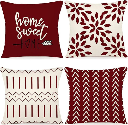 YCOLL Christmas Pillow Covers 20x20 Set of 4, Modern Sofa Throw Pillow Cover for Christmas Decor, Decorative Outdoor Linen Fabric Pillow Case for Couch Bed Car, Wine Red