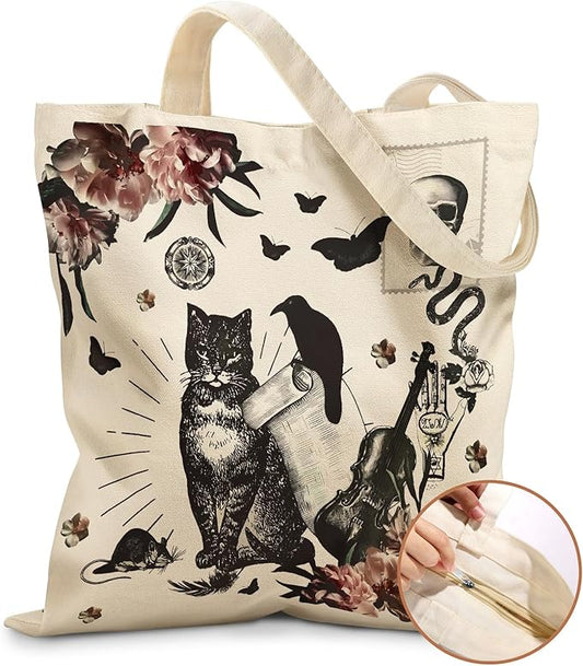 Canvas Tote Bag for Women – Aesthetic Canvas Bag with Zipper Cute Stylish Reusable Shoulder Totes for Shopping Work Daily Vacation, Crow Cat