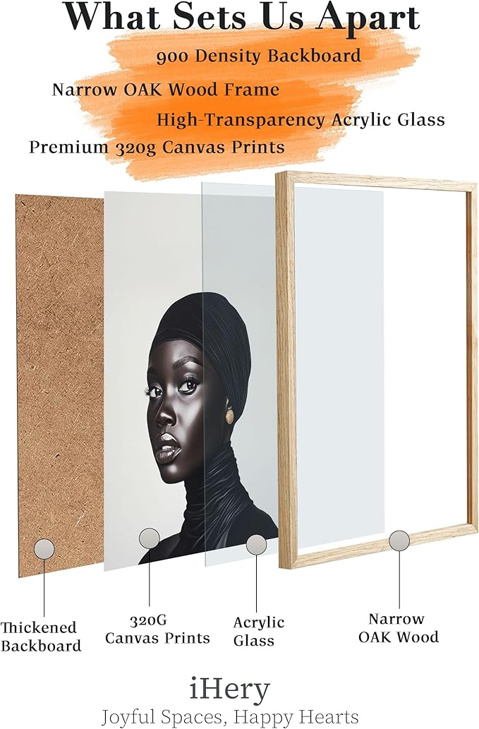 iHery Natural OAK Wood Fashion Black Girl Framed Wall Art, 12x16 in Black and White Modern Hijabi Canvas Wall Decor, Trendy Afro Art Bedroom Decor, Set of 1 For Bathroom Living Room