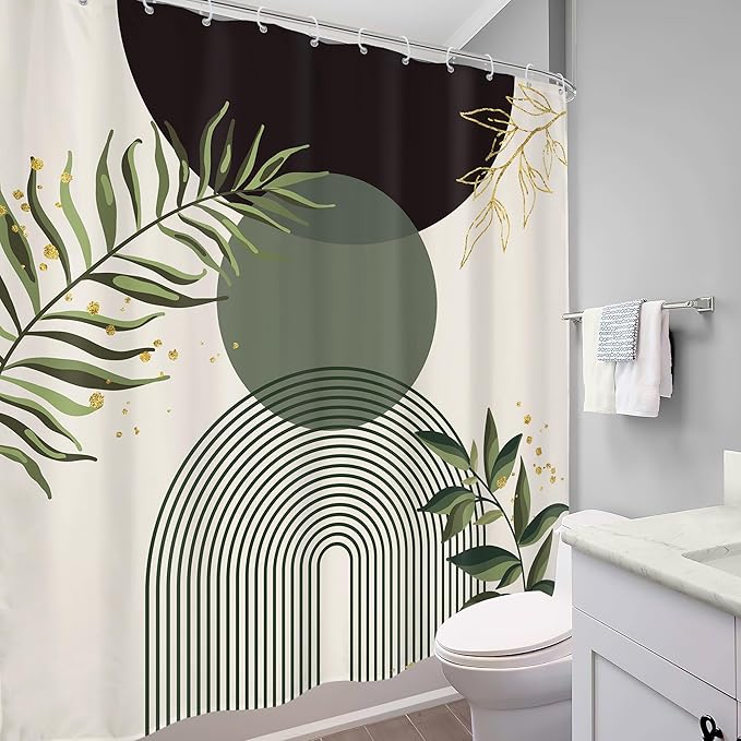 Dark Green Boho Shower Curtain 72Wx84H Extra Long Black Green Modern Bohemian Abstract Plant Leaves Bathroom Decor Minimalist Geometric Neutral Bath Curtain Fabric Polyester 12 Pack Hooks