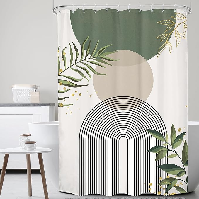 Small Stall Green Boho Shower Curtain 54Wx78H Rv Modern Bohemian Abstract Sage Green Gold Leaves Plant Minimalist Narrow Half Bathroom Decor Geometric Bath Curtain Fabric Polyester 12 Pack Hook