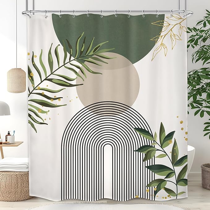 Boho Green Shower Curtain, Sage Bohemian Mid Century Modern 60Wx72H Bathroom Curtain, Abstract Gold Leaves Plant Olive Grey Minimalist Bathroom Decor Bath Curtain Polyester 12 Pack Hooks