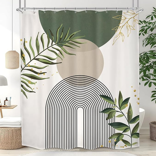 Boho Green Shower Curtain, Sage Bohemian Mid Century Modern 60Wx72H Bathroom Curtain, Abstract Gold Leaves Plant Olive Grey Minimalist Bathroom Decor Bath Curtain Polyester 12 Pack Hooks