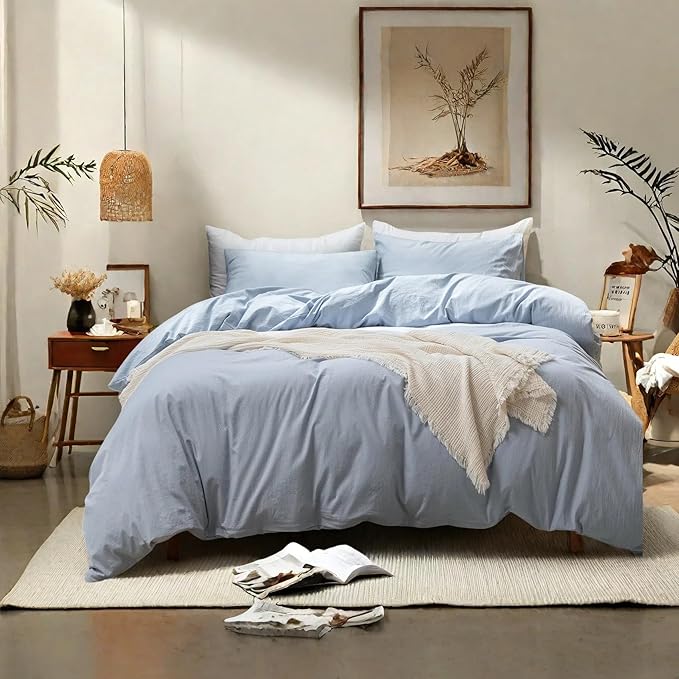 FOSSA Duvet Cover Set 100% Washed Cotton Linen Feel Super Soft Breathable Cozy 3 Pieces Bedding Sets Solid Cornflower Blue Full
