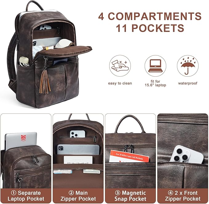 Leather Laptop Backpack for Women, 15.6" Causal Daypack Backpacks Purse Computer Backpack with Laptop Compartment for Travel Work College Business, Coffee