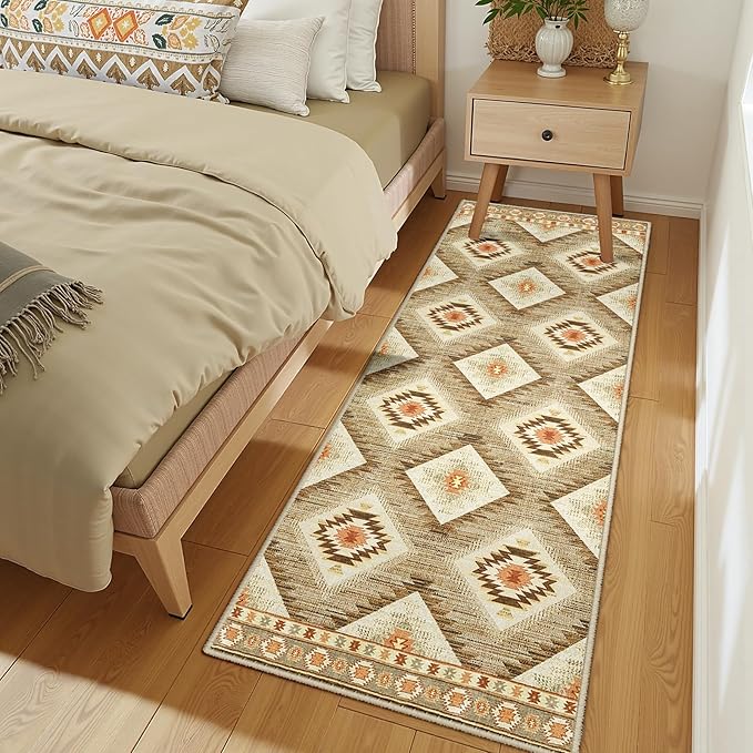 Area Rug 2x10 Rug Machine Washable Non-Slip Low Pile Print Pattern Western Rug for Living Room Bedroom Entryway Tribal Series -Cream/Camel