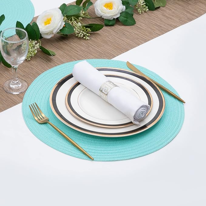 SHACOS Round Placemats Set of 6 Washable 15 inch Round Table Mats Cotton Polyester Woven Braided Place Mats for Dining Table (Aqua, 6)