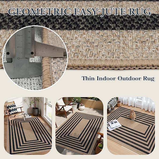 Lahome Modern Geometric Easy Jute Entryway Rug, 4x6 Black Washable Carpet for Bedroom Contemporary Thin Living Room Patio Rug, Farmhouse Non Slip Indoor Outdoor Carpet for Dining Room Backyard