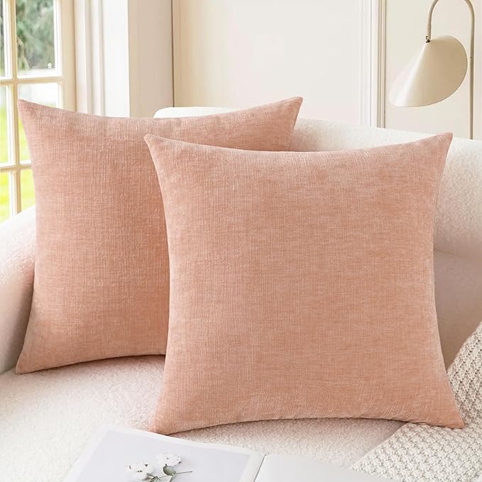 CaliTime Throw Pillow Covers Decorative 20 X 20 Inches Pack of 2 Cozy Chenille Cushion Cases for Couch Sofa Bed Living Room Home Dusty Pink