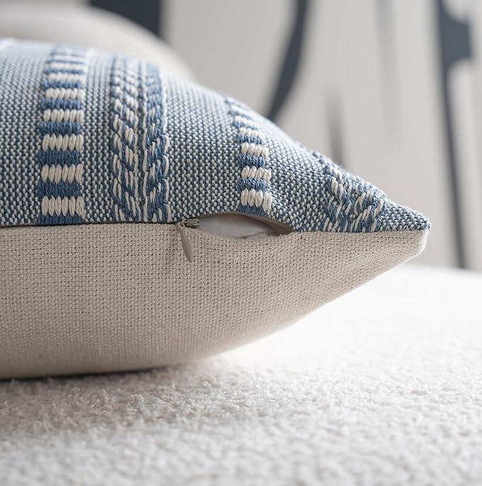 Boho Throw Pillow Covers 18x18 Inch Set of 2, Farmhouse Decorative Couch Pillow Cases, Blue Accent Pillows of Bed, Sofa Bedroom Living Room Home Decor Cushion Cover