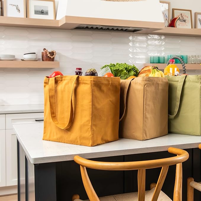 VeraMia Canvas Grocery Bag 3pc XL Set with Real Pockets, Long Shoulder Strap and Short Handle. Heavy Duty, Foldable, Washable