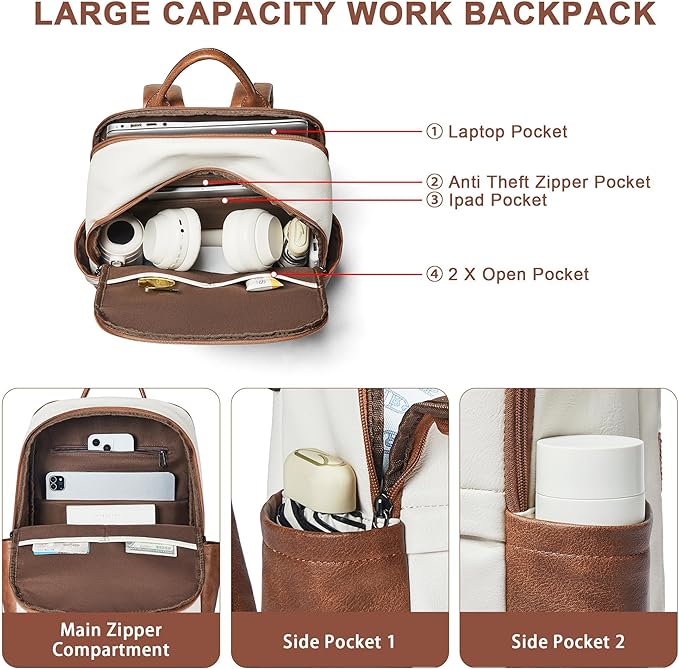 Leather Laptop Backpack for Women, 15.6" Causal Daypack Backpacks Purse Computer Backpack with Laptop Compartment for Travel Work College Business, Beige Brown