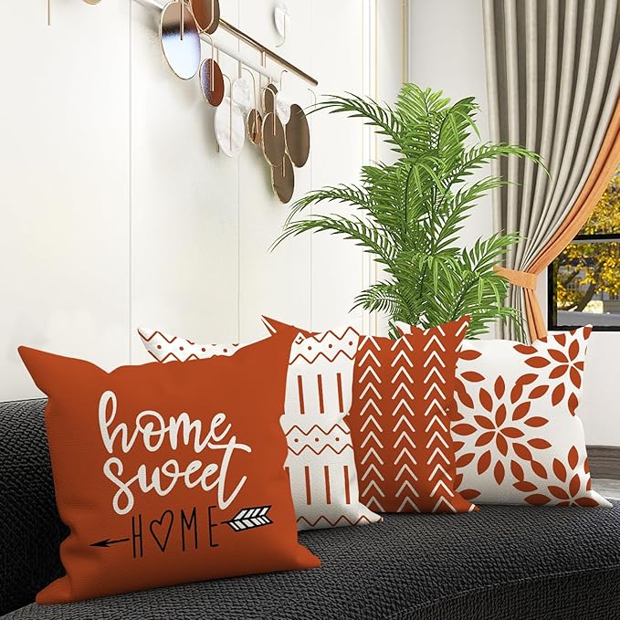 YCOLL Fall Pillow Covers 20x20 Set of 4, Modern Sofa Throw Pillow Cover for Fall Decor, Decorative Outdoor Linen Fabric Pillow Case for Couch Bed Car, Burnt Orange