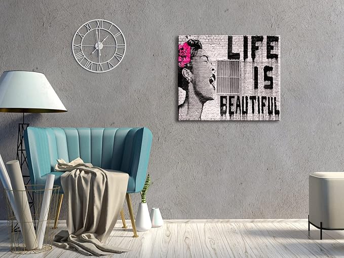 Wieco Art Abstract Giclee Canvas Prints Wall Art Ready to Hang for Kitchen Home Office Decor Banksy Life is Beautiful Large Modern Stretched and Framed Grey Impressionist Pictures Paintings Artwork