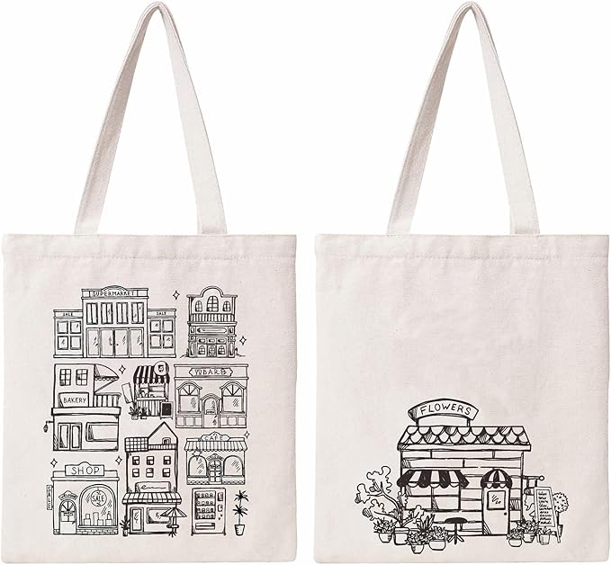 Aesthetic Tote Bag Vintage Street House Building Tote Bag Cute Cotton Canvas Bag for Women Gift Bag Reusable Grocery Bag Shopping Beach Shoulder Bag