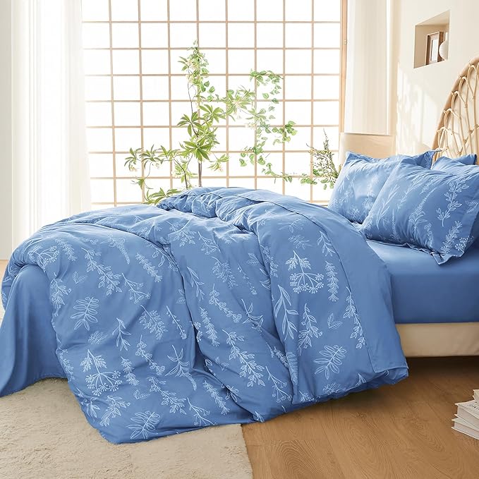 MUXHOMO Duvet Cover King Size, Reversible Floral Ice Blue Duvet Cover Set with Zipper Closure, 3 Pieces Botanical Patterns Soft Microfiber Bedding Set with 4 Ties (90"x104", 2 Pillow Cases)