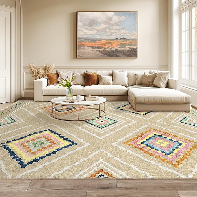 Area Rug 5x7 Rug Machine Washable Non-Slip Low Pile Print Pattern Western Rug for Living Room Bedroom Entryway Tribal Series -Cream/Beige