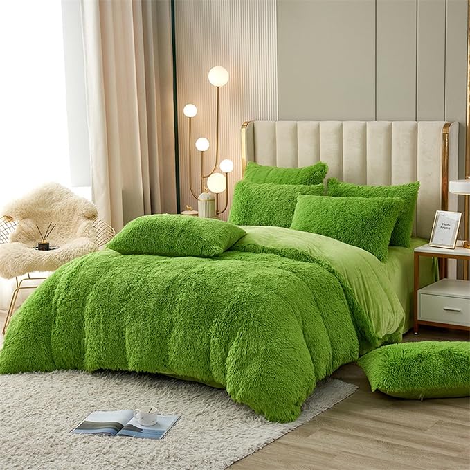 MorroMorn 5 PCS Shaggy Duvet Cover Bedding Set - Fluffy Comforter Cover Long Faux Fur Luxury Ultra Soft Cozy (Green, King/California King)