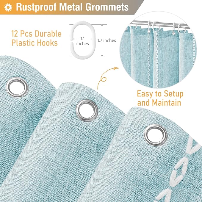 BTTN Boho Farmhouse Shower Curtain, Linen Rustic Weighted Striped Fabric Shower Curtain with Tassel, Water Repellent, Modern Bohemian Vintage Cloth Shower Curtains for Bathroom, Fog Blue, 72x72