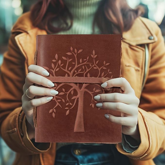 LEATHER VILLAGE Tree of Life Journal - 8"X6" (A5) inches - Red Brown - 200 Antique Deckle Edge Handmade Paper – Book of Shadows - Vintage Leather Bound Journal for Women & Men