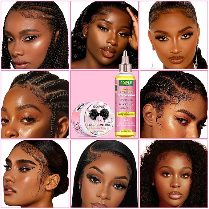 Edge Control Wax Strong Hold Non-greasy Hair Styling Gel - Edge Wax No Flaking Edge Control for Black Hair Edge Wax for Women Rose&Black Castor Oil for Hair Growth Edge Brush Hair Braid Bonnet