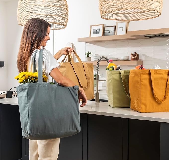 VeraMia Canvas Grocery Bag 3pc XL Set with Real Pockets, Long Shoulder Strap and Short Handle. Heavy Duty, Foldable, Washable