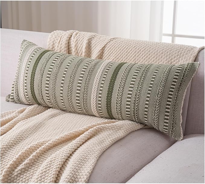 Boho Lumbar Pillow Covers 14x36 Long, Farmhouse Decorative Couch Pillow Cases, Green Accent Pillows of Bed, Sofa Bedroom Living Room Home Decor Cushion Cover, Pack of 1