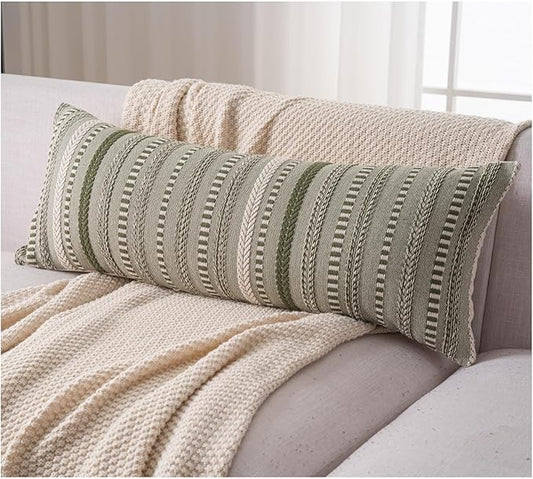 Boho Lumbar Pillow Covers 14x36 Long, Farmhouse Decorative Couch Pillow Cases, Green Accent Pillows of Bed, Sofa Bedroom Living Room Home Decor Cushion Cover, Pack of 1