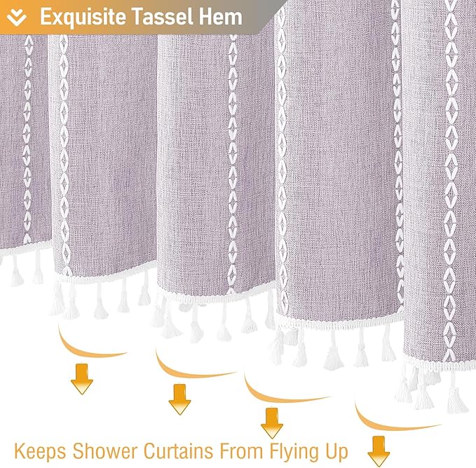 BTTN Boho Farmhouse Shower Curtain, Linen Rustic Weighted Striped Fabric with Tassel, Water Repellent, Modern Bohemian Vintage Country Cloth for Bathroom, Lavender, 72x72