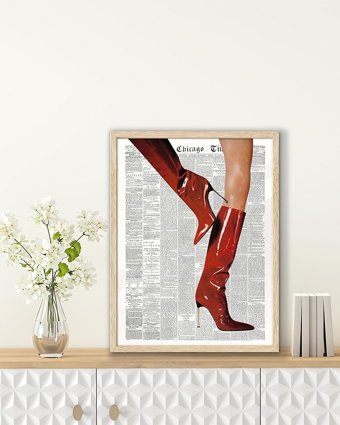 EcoHest UnFramed Trendy Newspaper Red Boots Wall Art, 12x16 in OAK Wood Fashion Icon Canvas Wall Art, Magazine Home Decor, Beige Logs Retro Set of 1 for Bedroom Living Room